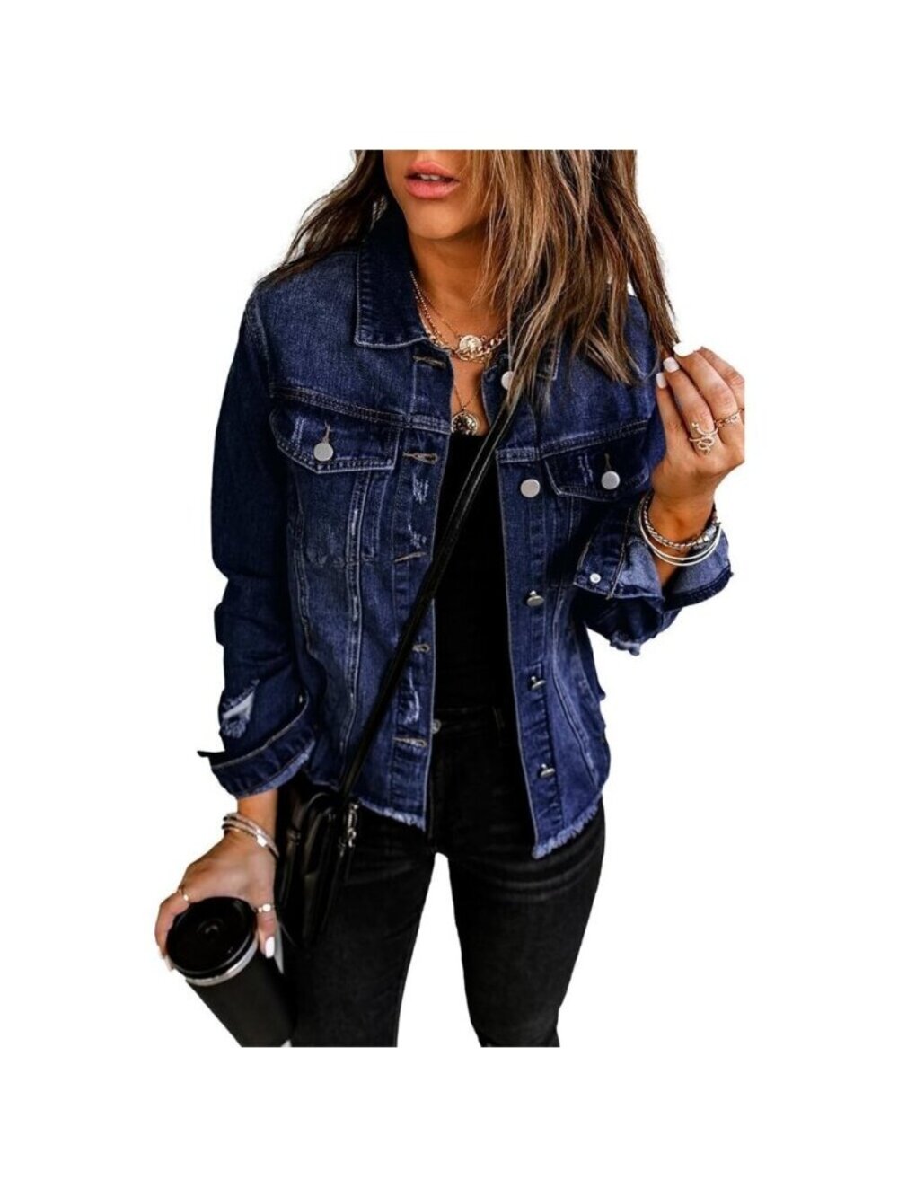 Brand New Women's A Dark Blue Cotton Necooer Distressed Button-Up Jean Jacket